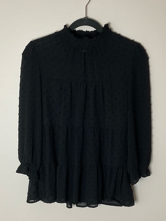 Monteau Los Angeles Tops - Monteau Womens Black Swiss Dot Ruffle Neck Blouse Ruffle Tiered Mock Neck Sz  XL